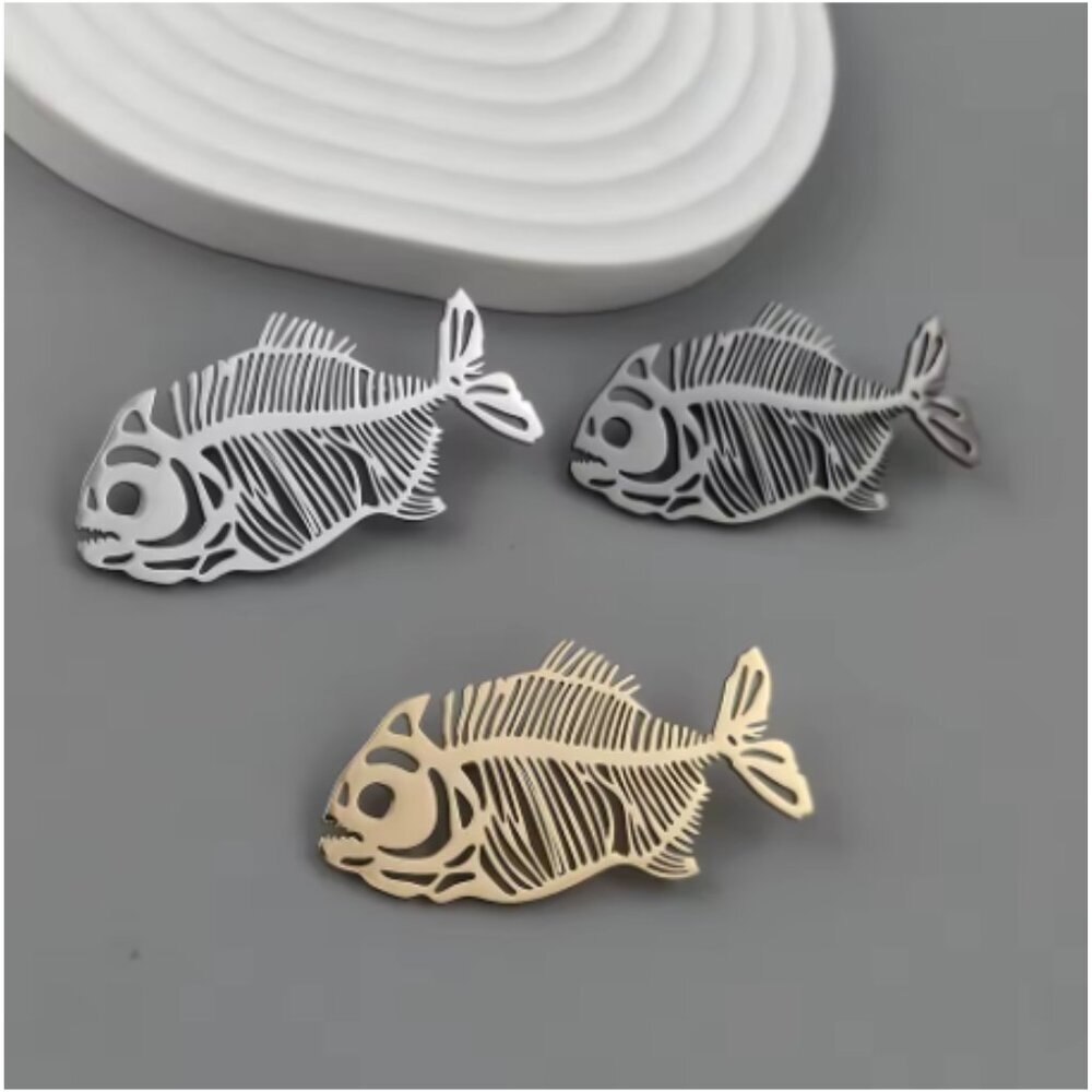 Punk Fish Bone Brooch Stainless Steel Gold Silver Black Suit Pin Jewelry - NEW
